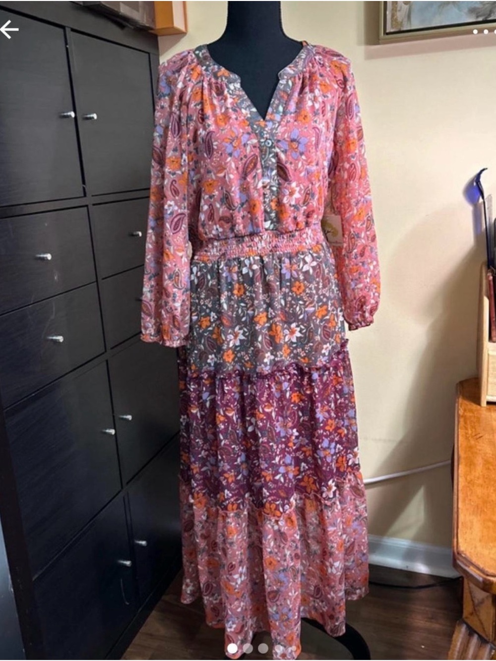 Bohemian brand Fig and Flower Mixed Floral Tiered Maxi Dress NWT size Large.